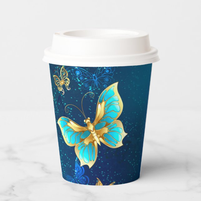 Golden Butterflies on a Blue Background Paper Cups (Back)