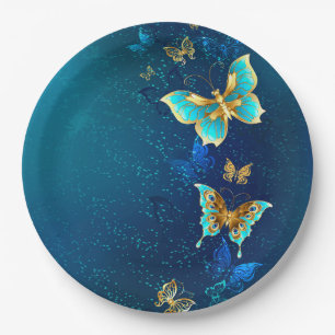 Golden Butterflies on a Blue Background Paper Plate