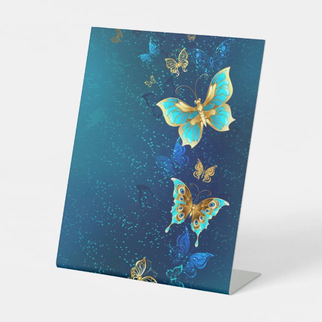 Golden Butterflies on a Blue Background Pedestal Sign (Front)