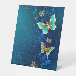 Golden Butterflies on a Blue Background Pedestal Sign