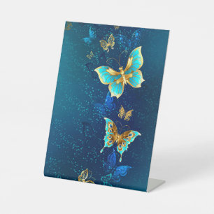 Golden Butterflies on a Blue Background Pedestal Sign
