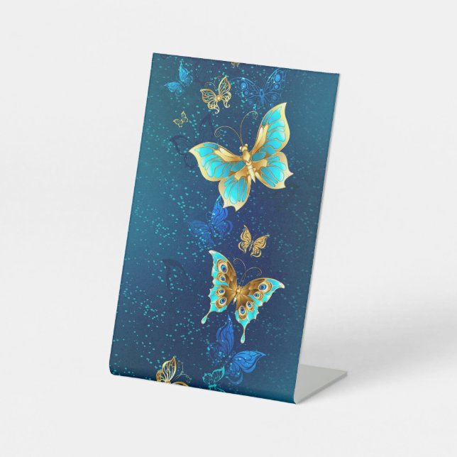 Golden Butterflies on a Blue Background Pedestal Sign (Front)