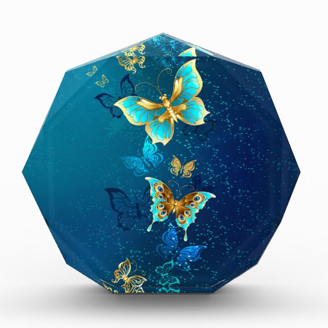 Golden Butterflies on a Blue Background Photo Block (Front)