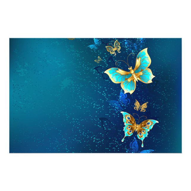 Golden Butterflies on a Blue Background Photo Print (Front)