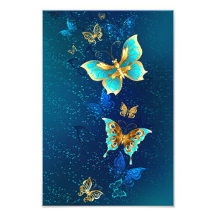 Golden Butterflies on a Blue Background Photo Print