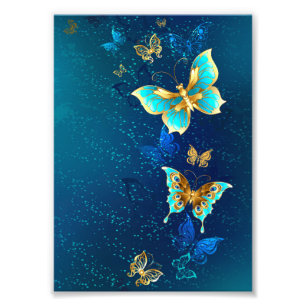 Golden Butterflies on a Blue Background Photo Print