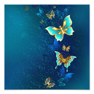 Golden Butterflies on a Blue Background Photo Print