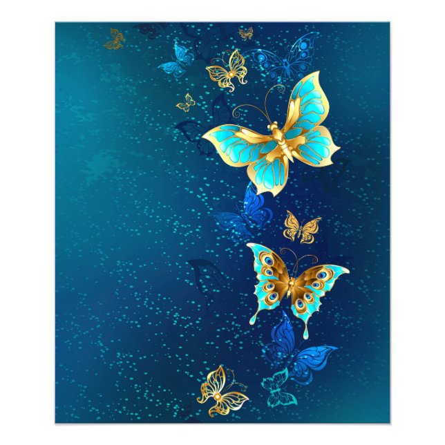 Golden Butterflies on a Blue Background Photo Print (Front)