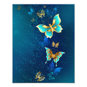 Golden Butterflies on a Blue Background Photo Print