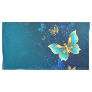 Golden Butterflies on a Blue Background Pillowcase
