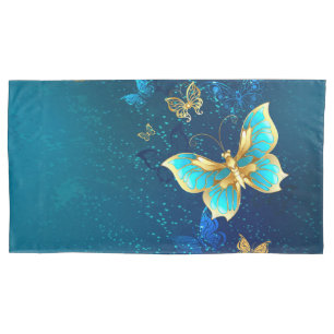 Golden Butterflies on a Blue Background Pillowcase