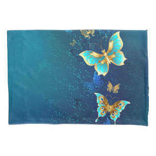 Golden Butterflies on a Blue Background Pillowcase