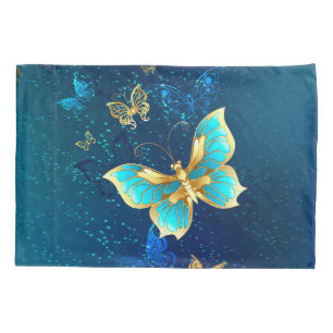 Golden Butterflies on a Blue Background Pillowcase