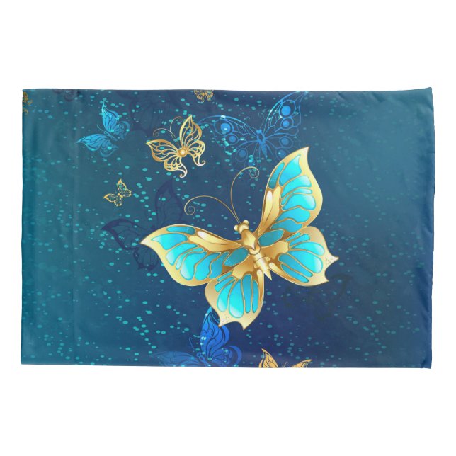 Golden Butterflies on a Blue Background Pillowcase (Back-Left)