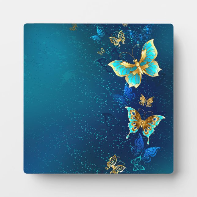 Golden Butterflies on a Blue Background Plaque (Front)
