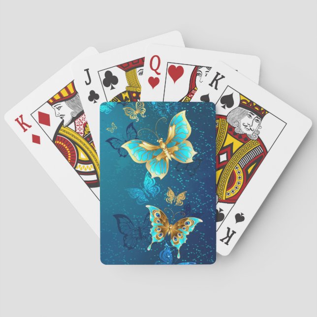 Golden Butterflies on a Blue Background Playing Cards (Back)