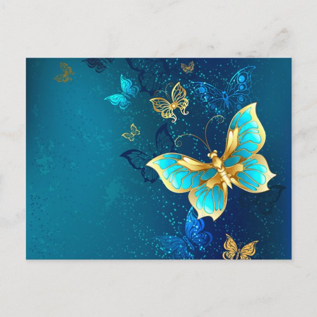 Golden Butterflies on a Blue Background Postcard (Front)