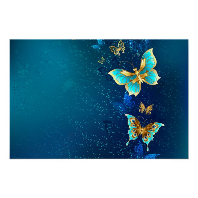 Golden Butterflies on a Blue Background Poster (Front)