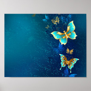 Golden Butterflies on a Blue Background Poster