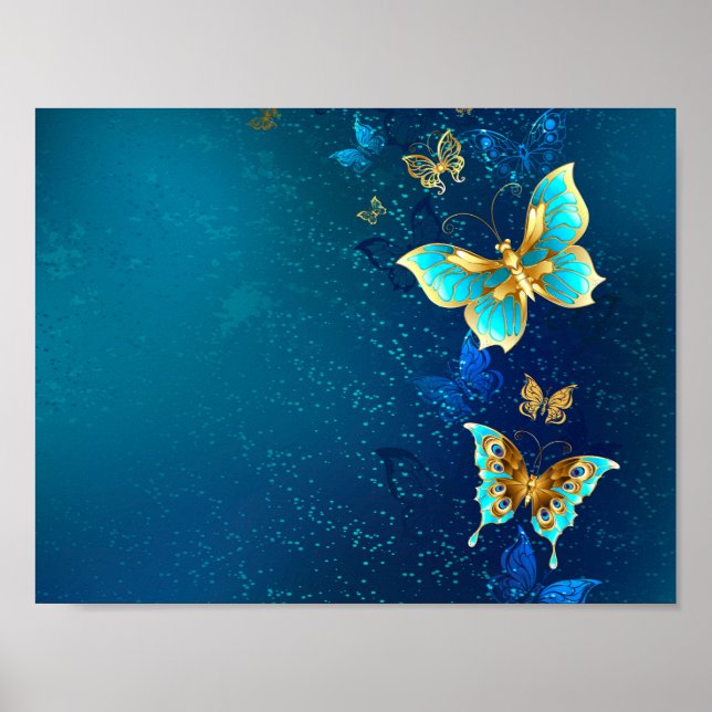 Golden Butterflies on a Blue Background Poster (Front)