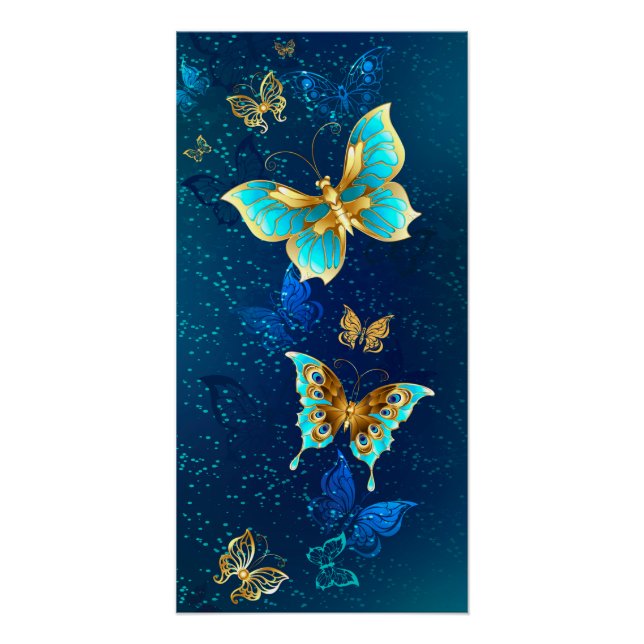 Golden Butterflies on a Blue Background Poster (Front)