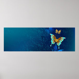 Golden Butterflies on a Blue Background Poster