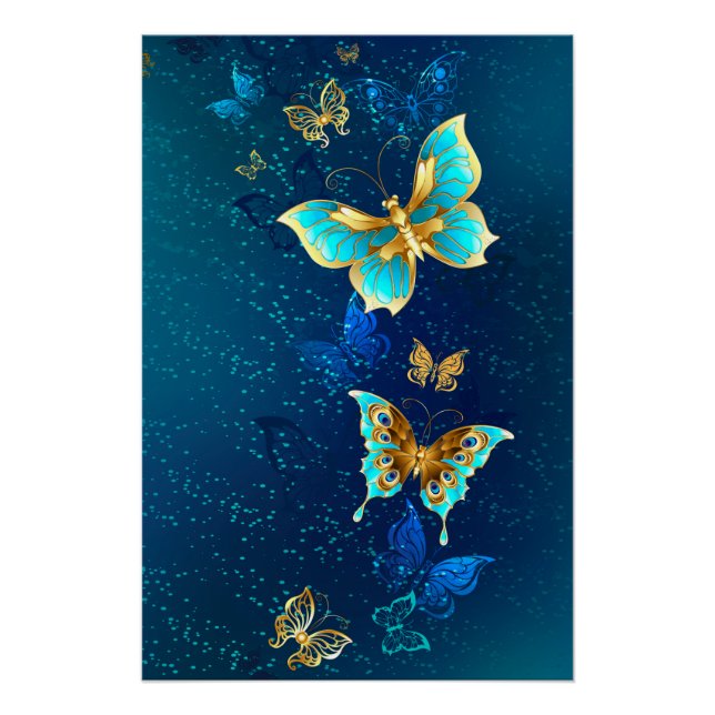 Golden Butterflies on a Blue Background Poster (Front)