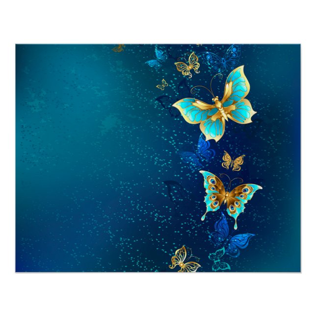 Golden Butterflies on a Blue Background Poster (Front)