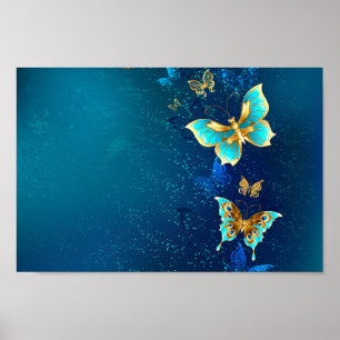 Golden Butterflies on a Blue Background Poster