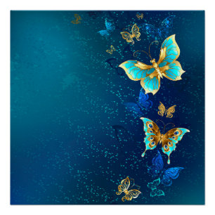 Golden Butterflies on a Blue Background Poster