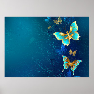 Golden Butterflies on a Blue Background Poster
