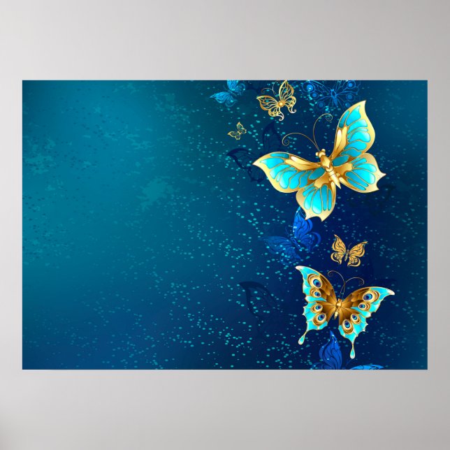 Golden Butterflies on a Blue Background Poster (Front)