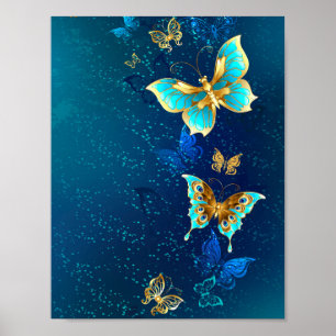 Golden Butterflies on a Blue Background Poster