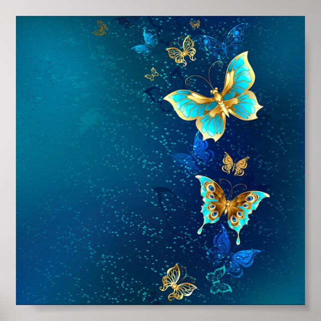 Golden Butterflies on a Blue Background Poster (Front)