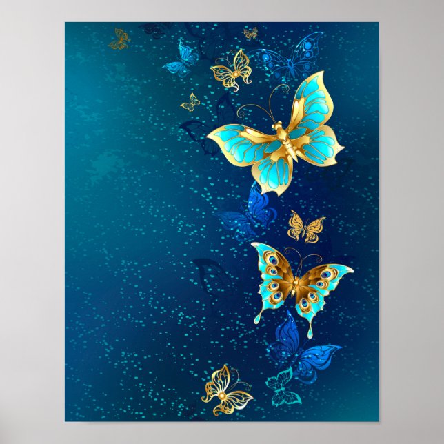 Golden Butterflies on a Blue Background Poster (Front)