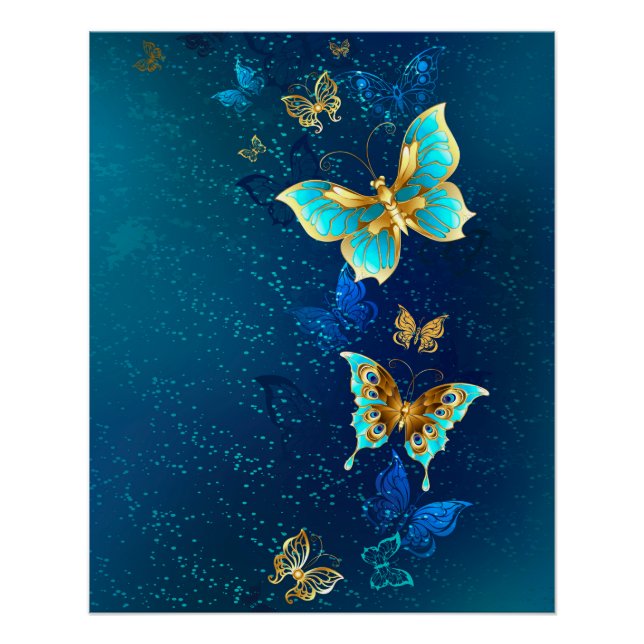 Golden Butterflies on a Blue Background Poster (Front)