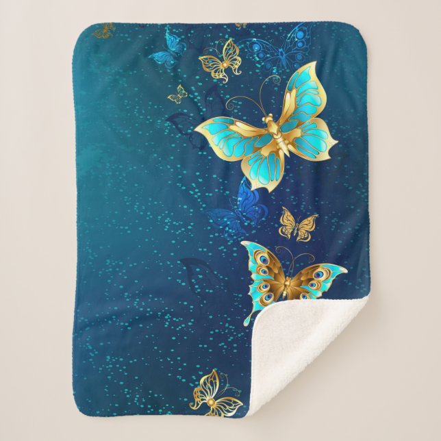 Golden Butterflies on a Blue Background Sherpa Blanket (Front)
