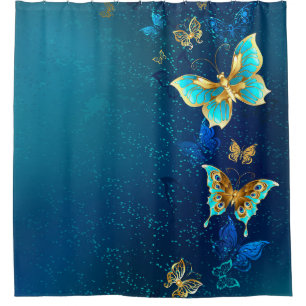 Golden Butterflies on a Blue Background Shower Curtain