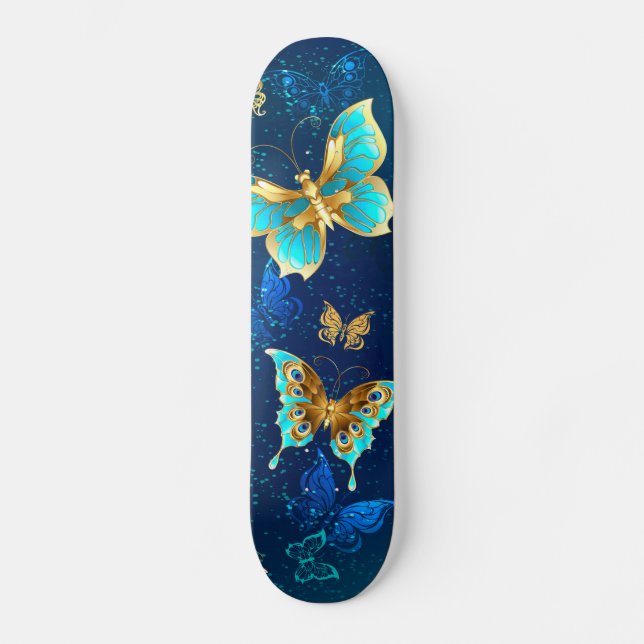 Golden Butterflies on a Blue Background Skateboard (Front)