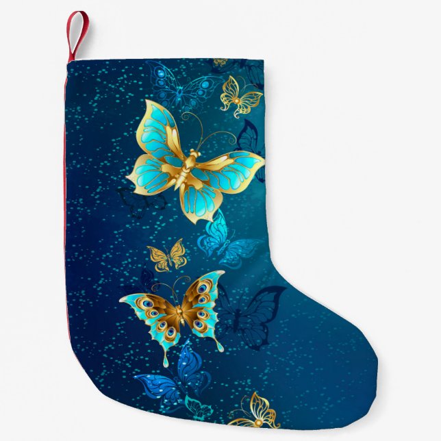 Golden Butterflies on a Blue Background Small Christmas Stocking (Front)