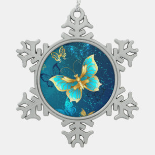 Golden Butterflies on a Blue Background Snowflake Pewter Christmas Ornament