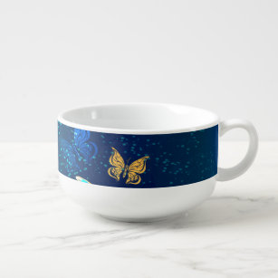 Golden Butterflies on a Blue Background Soup Mug