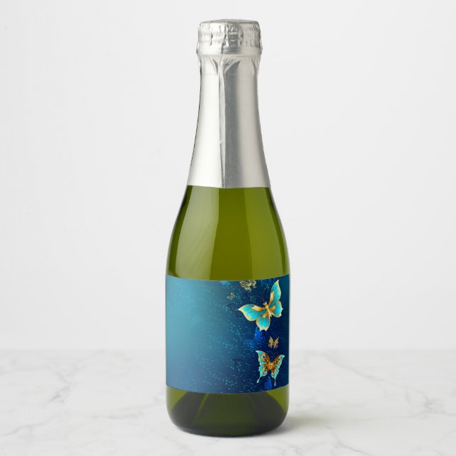 Golden Butterflies on a Blue Background Sparkling Wine Label (Front)