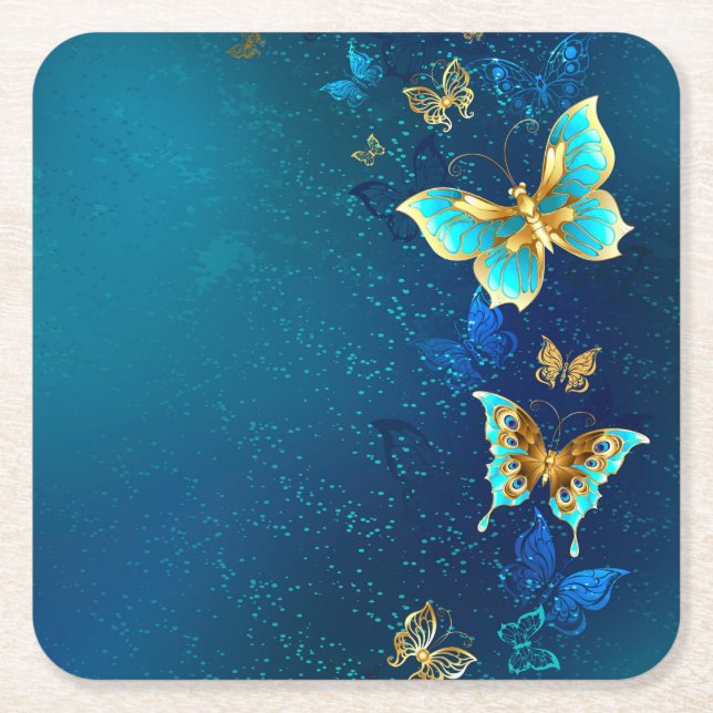 Golden Butterflies on a Blue Background Square Paper Coaster (Front)