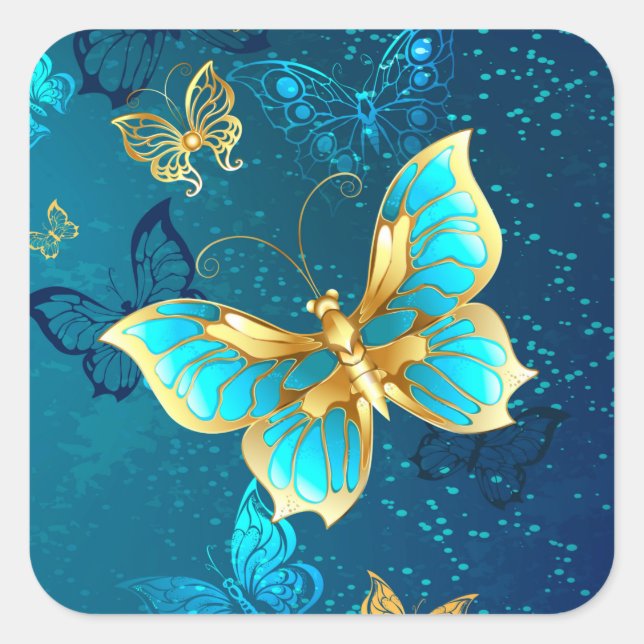 Golden Butterflies on a Blue Background Square Sticker (Front)