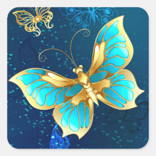 Golden Butterflies on a Blue Background Square Sticker