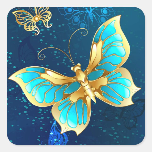 Golden Butterflies on a Blue Background Square Sticker (Front)