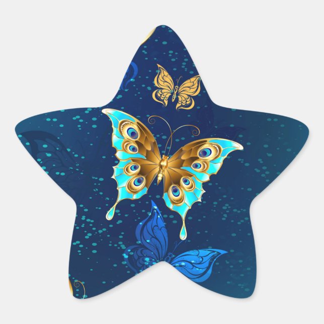 Golden Butterflies on a Blue Background Star Sticker (Front)