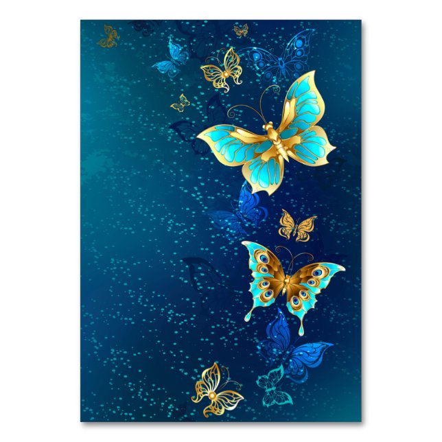 Golden Butterflies on a Blue Background Table Number (Front)