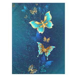 Golden Butterflies on a Blue Background Tablecloth